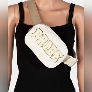 Fame Fuzzy Glitter "Bride" Bag Crossbody Bag White Gold Belt Bag